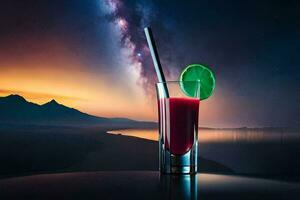 een glas van rood drinken met een rietje en een zonsondergang in de achtergrond. ai-gegenereerd foto