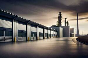 een fabriek gebouw met een groot industrieel schoorsteen. ai-gegenereerd foto