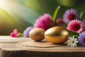 gouden eieren en bloemen Aan een houten tafel. ai-gegenereerd foto