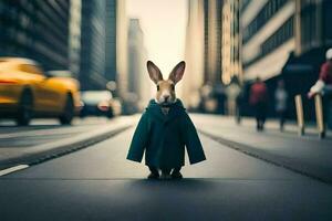 een konijn vervelend een groen jas staand Aan de straat. ai-gegenereerd foto