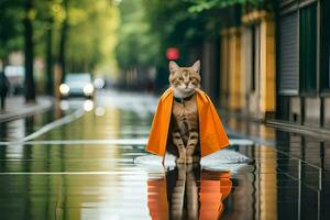 een kat vervelend een oranje kaap wandelingen Aan een nat straat. ai-gegenereerd foto