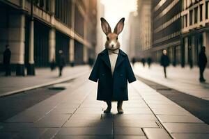 een konijn vervelend een jas en stropdas staand in de midden- van een stad straat. ai-gegenereerd foto