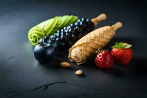 een verscheidenheid van fruit en noten Aan een zwart achtergrond. ai-gegenereerd foto