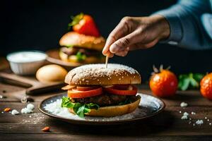 een persoon is zetten een pat van boter Aan een Hamburger. ai-gegenereerd foto