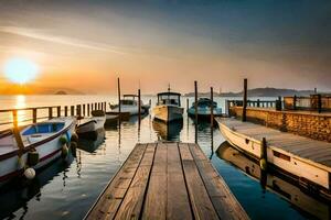 boten aangemeerd Bij de pier Bij zonsondergang. ai-gegenereerd foto