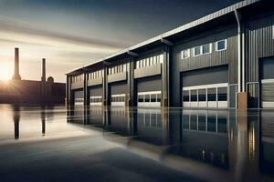 een groot industrieel gebouw met een groot garage deur. ai-gegenereerd foto