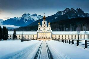 een kerk in de sneeuw met bergen in de achtergrond. ai-gegenereerd foto