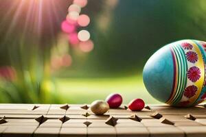 een Pasen ei met kleurrijk decoraties Aan een houten tafel. ai-gegenereerd foto