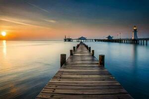 een houten pier strekt zich uit uit in de oceaan Bij zonsondergang. ai-gegenereerd foto