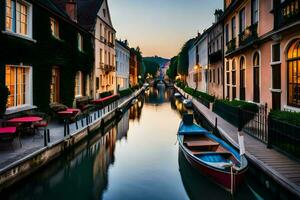 een boot is aangemeerd in een versmallen kanaal Bij zonsondergang. ai-gegenereerd foto