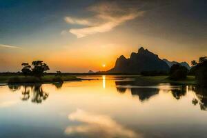 de zon sets over- een berg reeks en een rivier. ai-gegenereerd foto