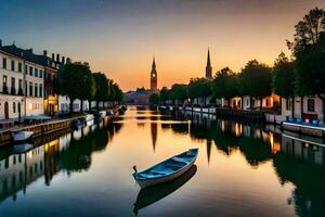 een boot is zittend Aan de water in voorkant van een stad. ai-gegenereerd foto