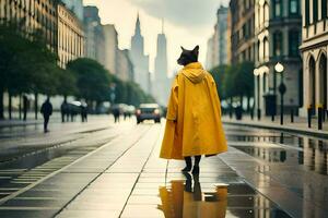 een persoon in een geel regenjas wandelen naar beneden een stad straat. ai-gegenereerd foto