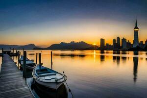 een boot is aangemeerd Bij de einde van een dok in voorkant van een stad horizon. ai-gegenereerd foto