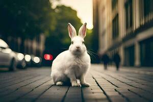 wit konijn zittend Aan de straat. ai-gegenereerd foto