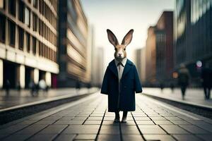 een konijn vervelend een pak en stropdas staat Aan een straat. ai-gegenereerd foto
