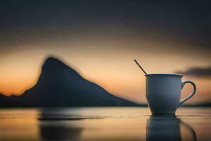 een kop van koffie Aan de rand van een meer met bergen in de achtergrond. ai-gegenereerd foto