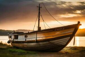 een boot zit Aan de kust Bij zonsondergang. ai-gegenereerd foto