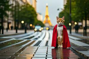 een kat gekleed net zo een superheld staat Aan een straat. ai-gegenereerd foto