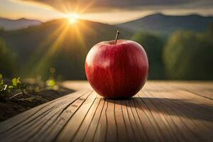 een appel zit Aan een houten tafel in voorkant van de zon. ai-gegenereerd foto