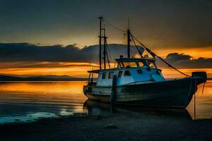 een visvangst boot zit Aan de kust Bij zonsondergang. ai-gegenereerd foto