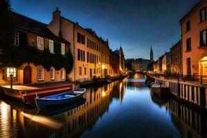 een kanaal in de midden- van een stad Bij nacht. ai-gegenereerd foto