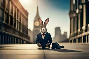 een konijn in een pak en stropdas zittend Aan de grond. ai-gegenereerd foto