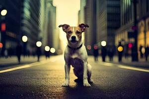 een hond zittend Aan de straat in een stad. ai-gegenereerd foto