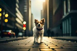 een klein hond staand Aan een steen weg in een stad. ai-gegenereerd foto