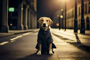 een hond in een trui zittend Aan de straat. ai-gegenereerd foto