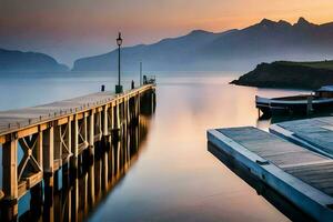 een pier Bij zonsondergang met bergen in de achtergrond. ai-gegenereerd foto