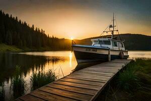 een boot aangemeerd Bij de einde van een dok Bij zonsondergang. ai-gegenereerd foto