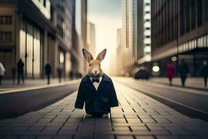 een konijn vervelend een pak en stropdas staand Aan een stad straat. ai-gegenereerd foto