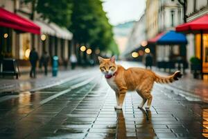 een oranje kat wandelen Aan een nat straat. ai-gegenereerd foto