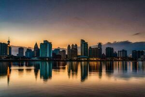 de stad horizon Bij zonsondergang in sjanghai. ai-gegenereerd foto