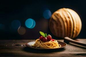 spaghetti met vers frambozen Aan een houten tafel. ai-gegenereerd foto