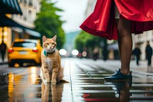 een vrouw in een rood jas staand De volgende naar een kat. ai-gegenereerd foto