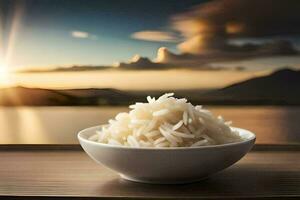 een kom van rijst- Aan een tafel met een zonsondergang in de achtergrond. ai-gegenereerd foto