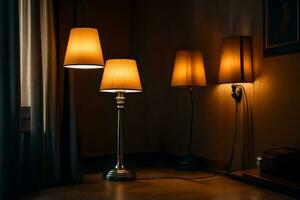 drie lampen in een donker kamer. ai-gegenereerd foto