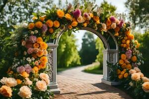 een boog versierd met bloemen en groen. ai-gegenereerd foto