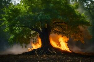 een boom met vlammen komt eraan uit van het. ai-gegenereerd foto