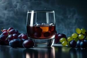 een glas van wijn met druiven Aan een donker achtergrond. ai-gegenereerd foto