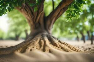 een boom met wortels groeit uit van de grond. ai-gegenereerd foto