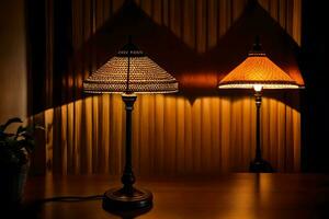 twee lampen Aan een tafel in de donker. ai-gegenereerd foto