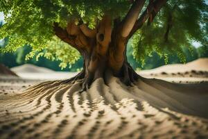 een boom in de woestijn met zand duinen. ai-gegenereerd foto