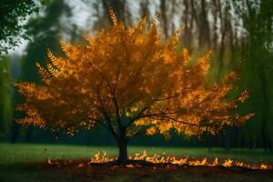 een boom met oranje bladeren in de midden- van een veld. ai-gegenereerd foto