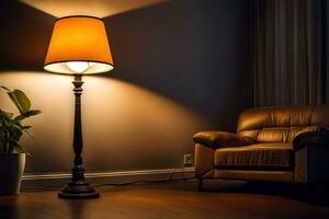 een lamp en stoel in een kamer. ai-gegenereerd foto