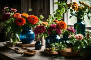 bloemen in blauw vazen Aan een tafel. ai-gegenereerd foto
