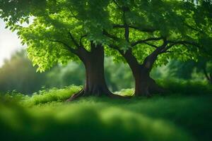 foto behang de lucht, bomen, gras, de zon, bomen, de Woud, de bomen. ai-gegenereerd