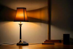 een lamp is zittend Aan een tafel in de donker. ai-gegenereerd foto